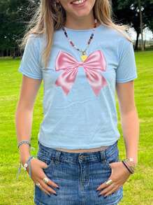 Women's Summer Tops Casual Short Sleeve Crew Neck Bow Print T-Shirts Blouses Streetwear