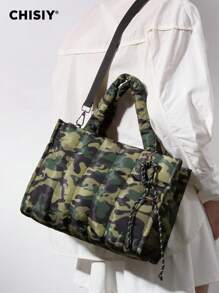 CHISIY Bolso de mano de lona con estampado de camuflaje verde, hecho a mano, con correa para el hombro, de gran capacidad, estilo casual y minimalista, unisex, adecuado para el trabajo, los viajes, las compras y los negocios, un regalo ideal para el Día de San Valentín y Año Nuevo, ideal para chaquetas de plumas de otoño/invierno