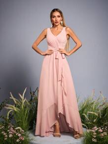 Mgiacy New Arrival V Neck Solid Color Bridesmaid Dress Ruched Ruffle Belt Chiffon Long Dress - Pink - View 1