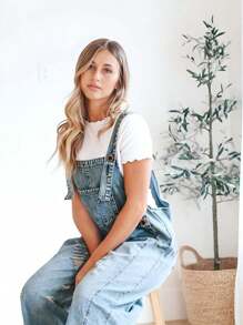 Women's Casual Denim Overall Jumpsuit Loose Adjustable Shoulder Straps Make Old Denim Cargo Belt Pockets