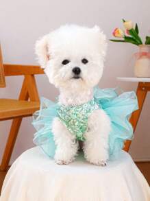 PETCIRCLE 1pc Pet Clothes Small Dog Puppy Cute Pet Multi-Layer Tulle Tutu Dress Sequin Bow Dreamy Fairy Wedding Dress - Green - Green - View 3