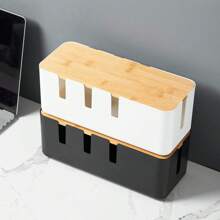 大型电线管理盒，带木盖、塑料7孔和4孔插座适配器条、宽敞的电线整理器、插座盖，适用于家庭和办公室使用 - 可隐藏在桌子下或地板上 - 彩色 - 查看 2