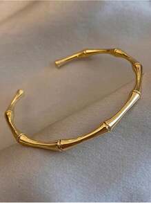 Unique Design Bamboo Node Style Open Bangle Bracelet For Women, Fashionable & Distinctive Steel Jewelry - Gold - View 2