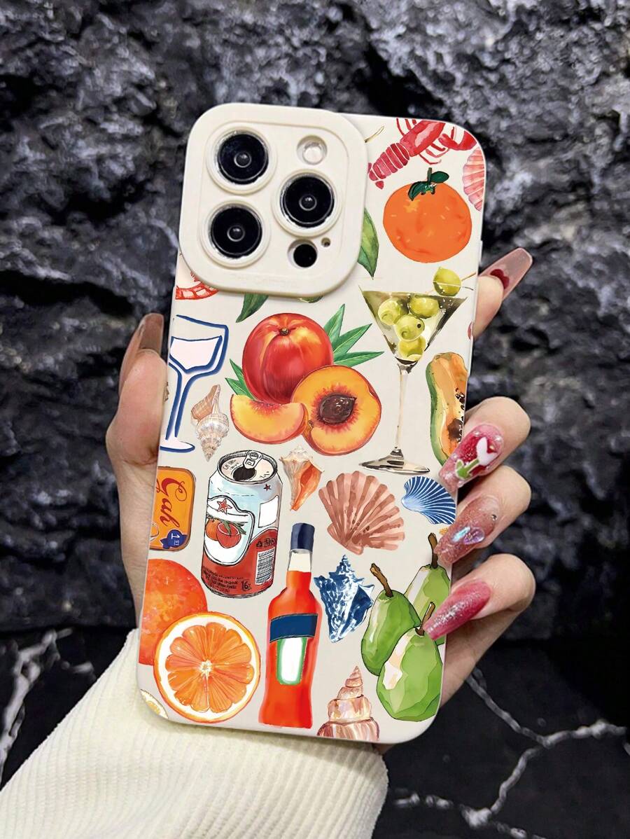 夏季手机壳 Iphone1pc 水果饮料图案保护手机壳,全覆盖,防摔,防指纹,兼容 - 彩色 - 查看 1