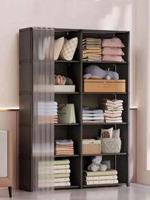 Organizador de almacenamiento con cortinas, estantería portátil negra, gabinete de almacenamiento multifuncional adecuado para oficina, dormitorio, baño, armario a prueba de polvo, de montaje sencillo, estantería abierta para dormitorio, partición, estantería de gran capacidad, decoraciones, decoración de festivales, decoración de habitaciones, decoración del hogar, decoración de dormitorios, para guardar vestidos, pantalones, zapatos, vaqueros, botas, faldas