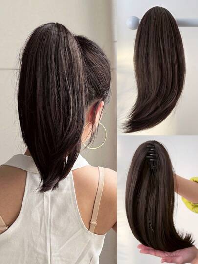 Ponytail Extension 12 Inch Short Craw Ponytail Hair Extensions For Women,Extension Synthetic Straight Clip In Ponytail Wig Daily Fluffy Pony Tail For Women(Natural Black Brown)