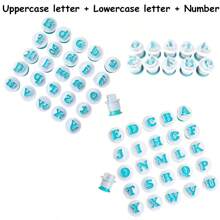 Mayúsculas y minúsculas Letras inglesas, Números Molde de pastel de fondant de silicona, Sello de prensa de primavera para galletas, Herramienta para hornear en la cocina del hogar y Decoración de pasteles - Azul y blanco - Ver 17