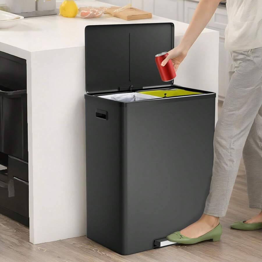 Step Dual Trash Can, 60L/16 Gallon Recycle Bins With Lid, 2 Removable Wastebusket, Step Pedal, Large Stainless Steel Double Trash Bin For Kitchen, Bathroom - 黑色 - 查看 1