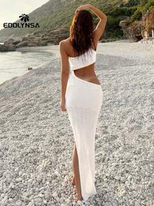 Sexy One Shoulder Crochet Bodycon Dress Knitted Wrap Cut Out Summer 2025 Beachwear Cover Up