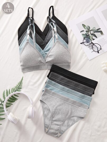 4SETS Ribbed Wireless Breathable Sports BH Panties Underwear Set view 2