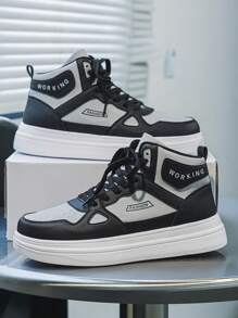 男士时尚撞色复古舒适休闲字母高帮运动鞋四季户外街头百搭厚底减震增高防滑滑板鞋 - 黑灰 - 查看 2