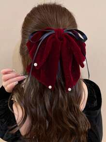 1 pièce, imitation velours noir/bordeaux, ruban décoratif en perles, grande pince à cheveux pour femme, pince à cheveux de qualité supérieure, douce et élégante, demi-queue de cheval, couvre-chef multifonctionnel, convient pour les tenues de fête décontractées au quotidien