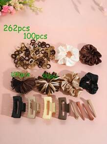 VBOOR 262 Pieces/Set Chocolate Color Hair Accessories Set, Including Hair Scrunchies, Square Gear Clip, Straight Clip, Hair Rope, Hair Bundle, Etc. - Suitable For Ladies And Girls, Daily Styling Essential - Elegant And Intellectual Headdress, Suitable For Daily Life And Party - 2025 New Fashion