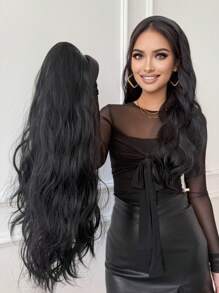 Peluca con diadema de cabello ondulado de 24 pulgadas de longitud "JENNIFER", accesorios de peluca sintética con diadema (diademas disponibles en varios modelos), pieza de cabello natural liso, media peluca (negro, castaño claro) - Negro - Ver 12