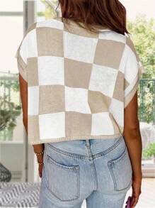 Womens Cap Sleeve Crop Tops Summer Color Block Going Out Crew Neck Knit Casual Sweater - 卡其色 - 查看 4