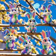6Pcs Car Decorations 2D Flat Acrylic Rabbit Pendant Hanging Decor Colorful Gradient Ornaments Spring Hanging Ornament For Party Home Decoration Indoor Supplies