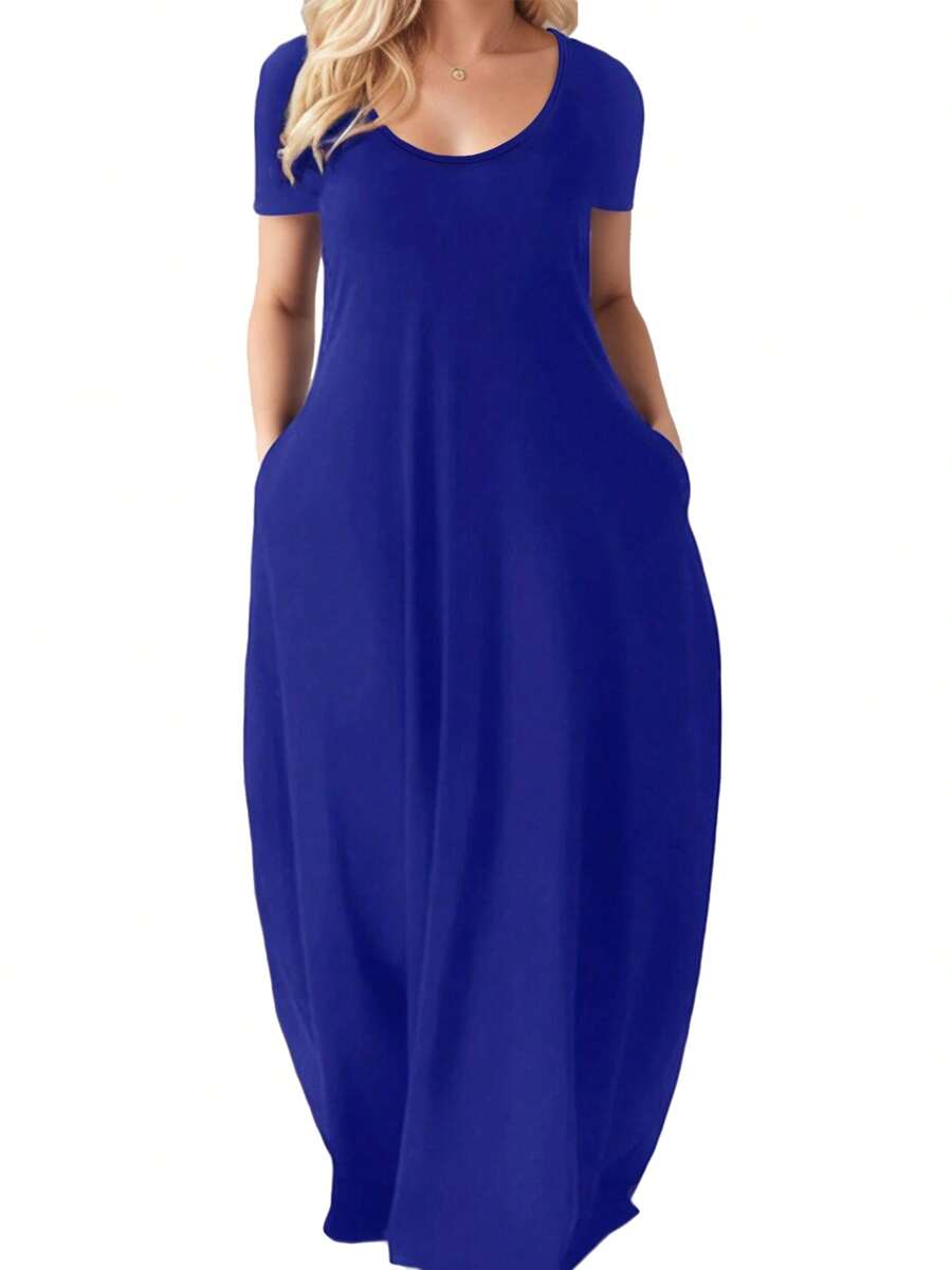 tooluck Basic Minimalist Pure T-Shirt Long Dress With Pockets, Casual Loose Style Idea To Daily Wear, Woman Clothes - 藍色 - 查看 1
