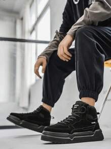 British Style Black PU Skateboard Shoes For Teenagers, Men Black Suede Round Toe High-Top Lace-Up Dress Shoes