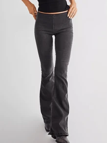 Women Fashion Flare Jeans Solid Color Stretch Denim Pants Spring Autumn Casual Slim Bell Bottoms Trousers - Black - View 1