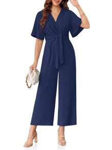 Larisa Womens Wide Leg Jumpsuit Short Sleeve Tie Knot Front Summer Long Romper Stylish Outfit - Navy Blue - View 3