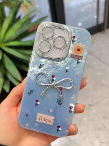 Bow-Knot Spring Delicate Blue Ditsy Floral Metallic 3D Bow Phone Case Compatible With IPhone 16 ProMax New Models, IPhone 15 Pro/14 Plus/13 Luxury High-End 11 Female 15 Pro Full Coverage With Lens Film 12/11 Anti-Drop Protective Cover Waterproof Shockproof Scratch Resistant - Blue - View 3