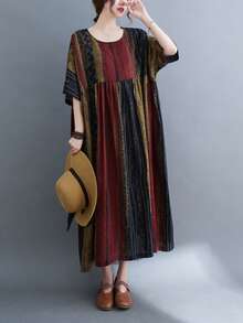 Top, Festival de Primavera Chino, Vestido casual de rayas bohemio de verano 2026, Vestido de mujer, Ropa diaria de talla grande para mujer, Vestido holgado y suelto de cuello redondo y manga ancha de estilo vintage de talla grande para mujer - Rojo - Ver 4