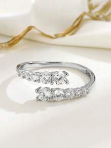 1pc S925 Sterling Silver Zirconia Sparkle Double Row Adjustable Open Ring For Women, Everyday Wear Unique Quality Personalized Gift