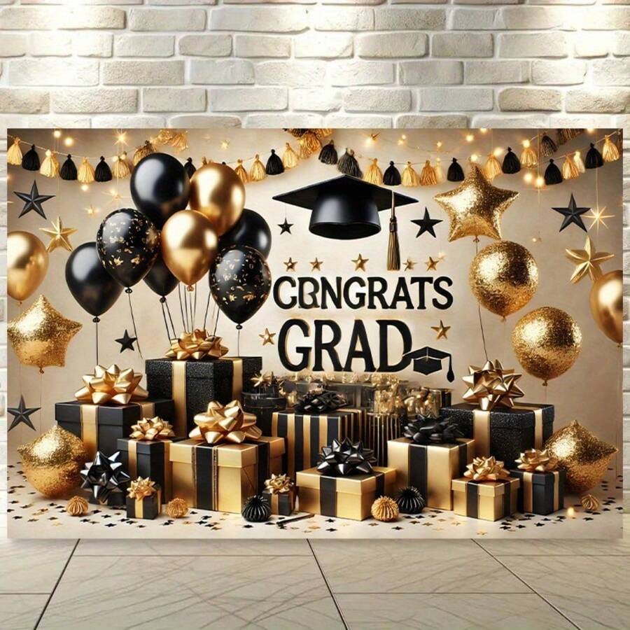 1 PC, Graduation Party Background Flag, Polyester, "Congratulations To Graduates" Theme, With Balloon And Gift Design, Suitable For Memory Photos And Celebration Events, Indoor/Outdoor Use