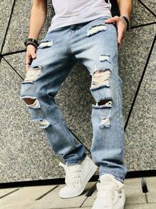 Jeans droits vintage délavé polyvalent et tendance, style déchiré, pour hommes