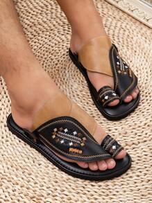 男士平底舒适阿拉伯刺绣/提花一脚蹬凉鞋 - 黑色卡其 - 查看 2