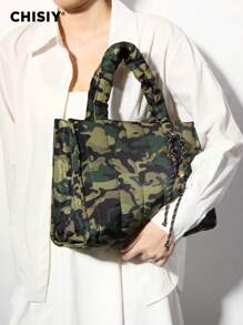 CHISIY Bolso de mano de lona con estampado de camuflaje verde, hecho a mano, con correa para el hombro, de gran capacidad, estilo casual y minimalista, unisex, adecuado para el trabajo, los viajes, las compras y los negocios, un regalo ideal para el Día de San Valentín y Año Nuevo, ideal para chaquetas de plumas de otoño/invierno