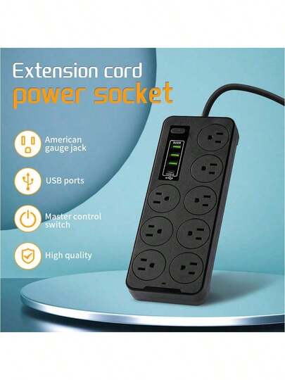 Regleta Cargador Multicontactos Premium Con 8 Salidas 3 Puertos Usb 1 Tipo C Extensiones Negro 12 Tomas 2m American Standard