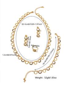 1 Set Luxury Elegant Gold Plated Brass Rhinestone Encrusted Circle Linked Necklace, Bracelet, Earrings & Ring, Jewelry Set Suitable For Women, Daily Wear Or Gift