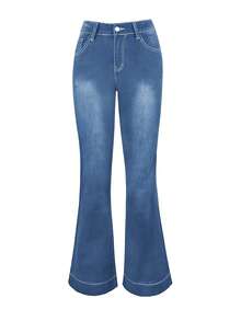 女士Y2K街头风低腰休闲喇叭牛仔裤，返校季，春秋季 - 中等水洗藍 - 查看 6