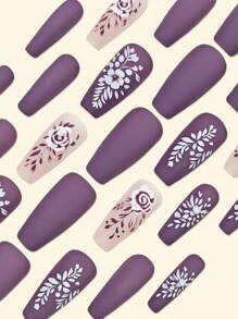 Y2K Update Your Look Long Coffin Nails Tips Matte Press On Acrylic Nails Purple Fashion Gradient Geometry Stripe Flower Leaf Pattern Beauty Simple Style Fake Nails Artificial Finger Manicure False Nails For Women Sweet,Cute,Minimalist,And Elegant Style Nail Art Set With Detachable Fake Nails Patches Suitable For Holiday Wear,Parties,Friends,Dates,Daily Wear