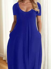 tooluck Basic Minimalist Pure T-Shirt Long Dress With Pockets, Casual Loose Style Idea To Daily Wear, Woman Clothes - 藍色 - 查看 3