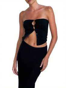 Women Summer Basic Bandeau Solid Color Button Cutout Strapless Off-Shoulder Crop Tops Streetwear Club Wear - Black - View 3