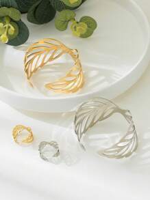 1 套欧美风格镂空叶手链和戒指首饰套装，时尚女士礼物 - 金色 - 查看 5