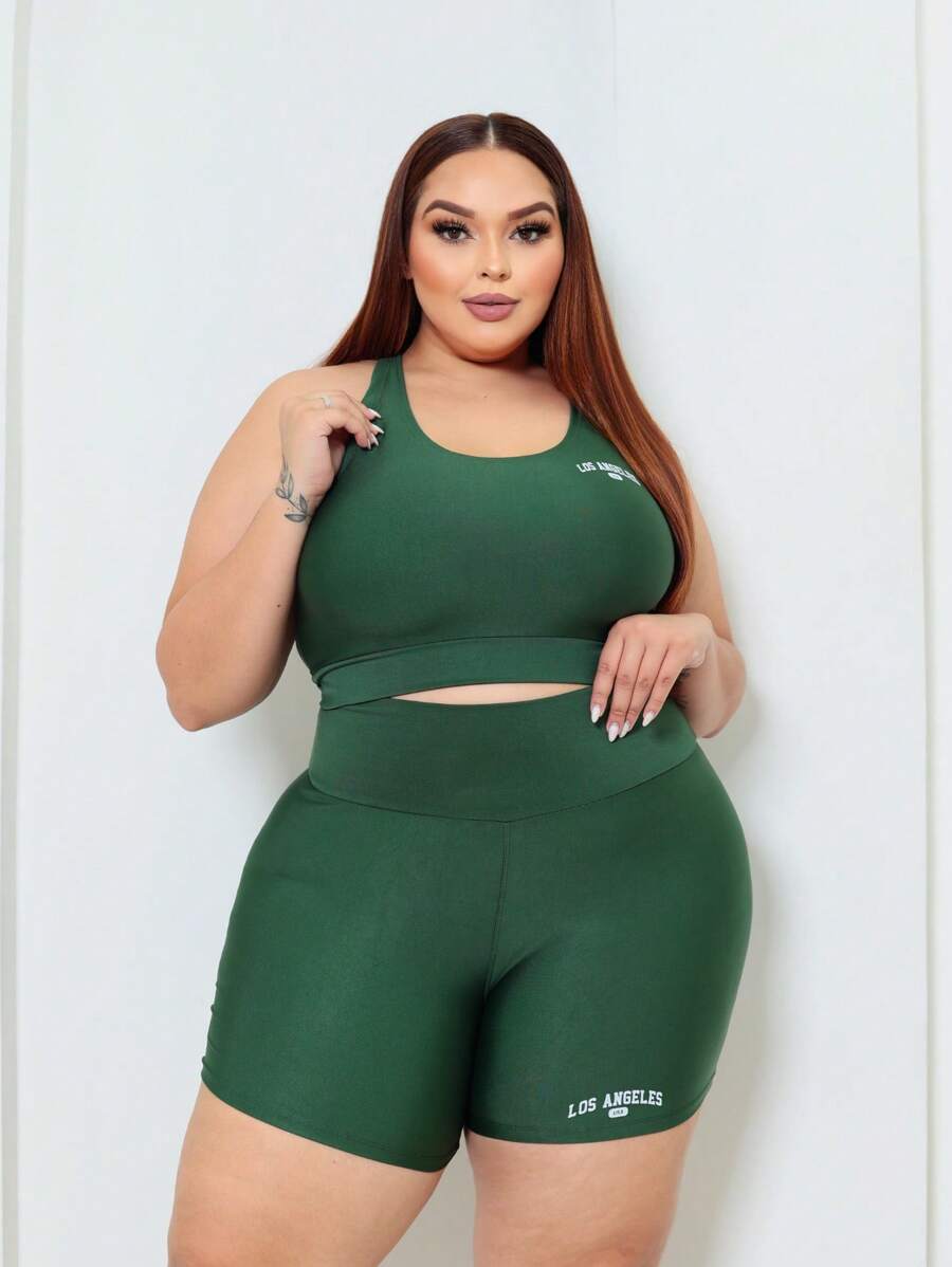 Conjunto Top Short Academia Los angeles plus size - Verde Militar - Visão 1