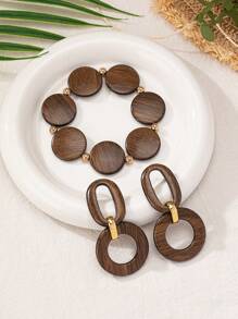 1 Set Of Fashionable New Version Ins Retro Matte Elegant Personalized Street Shot Round Wooden Hand-Woven Beaded Bracelet + Earring Jewelry Set