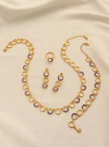 1 Set Luxury Elegant Gold Plated Brass Rhinestone Encrusted Circle Linked Necklace, Bracelet, Earrings & Ring, Jewelry Set Suitable For Women, Daily Wear Or Gift