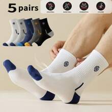 5 Pairs Mixed Men's Crew Socks, Thickened Moisture-Wicking Breathable Sport Socks, Basketball Socks, Color Block Design, Hot Selling, Suitable For Autumn/Winter & Spring/Summer