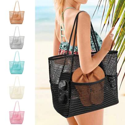 Mesh Beach Bag, Women's Shoulder Tote Bag, Large Capacity Foldable Mesh Swim Bag With Pocket, Bath Swimming Toiletries Storage Bag, Beach And Seaside Entertainment Storage Tote Bag