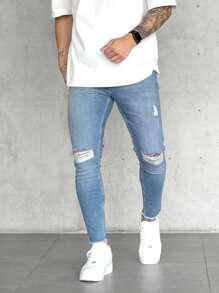 Men's Distressed Edge Tight Fit Jeans, For Casual Wear - Light Wash - View 3