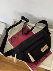 1pc Fashion Minimalist Solid Color Letter Print Adjustable Strap Zipper Closure Chest Bag/Waist Bag, Casual Daily, Sporty, Travel, Street Style, Lightweight, Water-Resistant, Multi-Compartment Nylon Peach Tree, For Men Pouch Phone Bag - Black - View 9