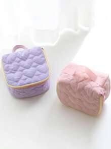 1 pieza Bolsa de maquillaje de lona con diseño de corazón para mujeres, gran capacidad, estilo coreano de moda, estuche con cremallera, bolso de viaje portátil, organizador de artículos de tocador para auriculares, lápiz labial, toallitas sanitarias (el color del tirador de la cremallera es aleatorio)
