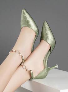 尖头高跟鞋，镂空设计，带扣，水钻和人造珍珠装饰，一脚蹬