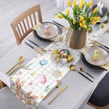 1PC Easter Table Runner Bunny Egg Tablecloth Spring Floral Grey Buffalo Plaid Dresser Scarf Kitchen Table Decoration Easter Holiday Dinner Party Coffee