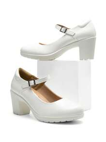 Women's Mary Jane Chunky Low Block Heels Pumps Round Toe Comfortable Elegant Work Office Dress Wedding Shoes With Arch Support - 白色 - 查看 2