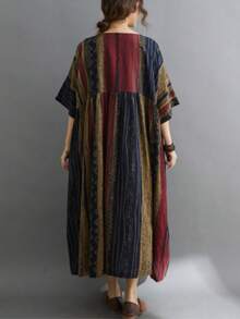 Top, Festival de Primavera Chino, Vestido casual de rayas bohemio de verano 2026, Vestido de mujer, Ropa diaria de talla grande para mujer, Vestido holgado y suelto de cuello redondo y manga ancha de estilo vintage de talla grande para mujer - Rojo - Ver 6